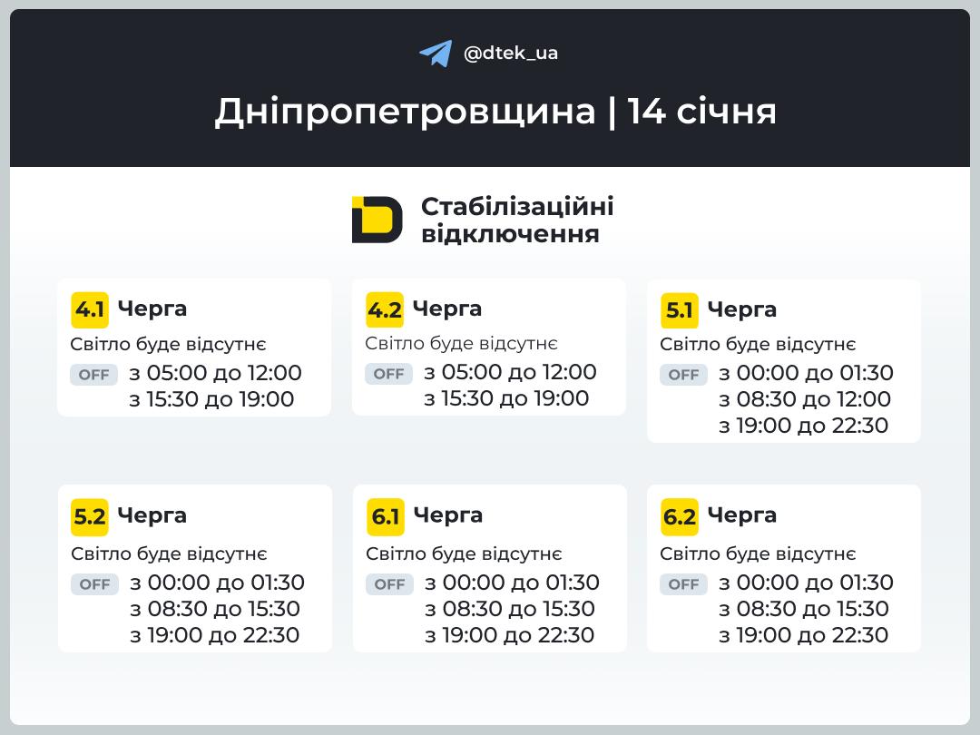 Графіки погодинних відключень електроенергії в Кам’янському 14 січня - ФОТО