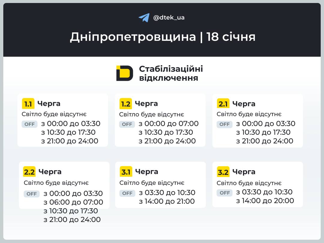 Графіки погодинних відключень електроенергії в Кам’янському 18 січня - ФОТО