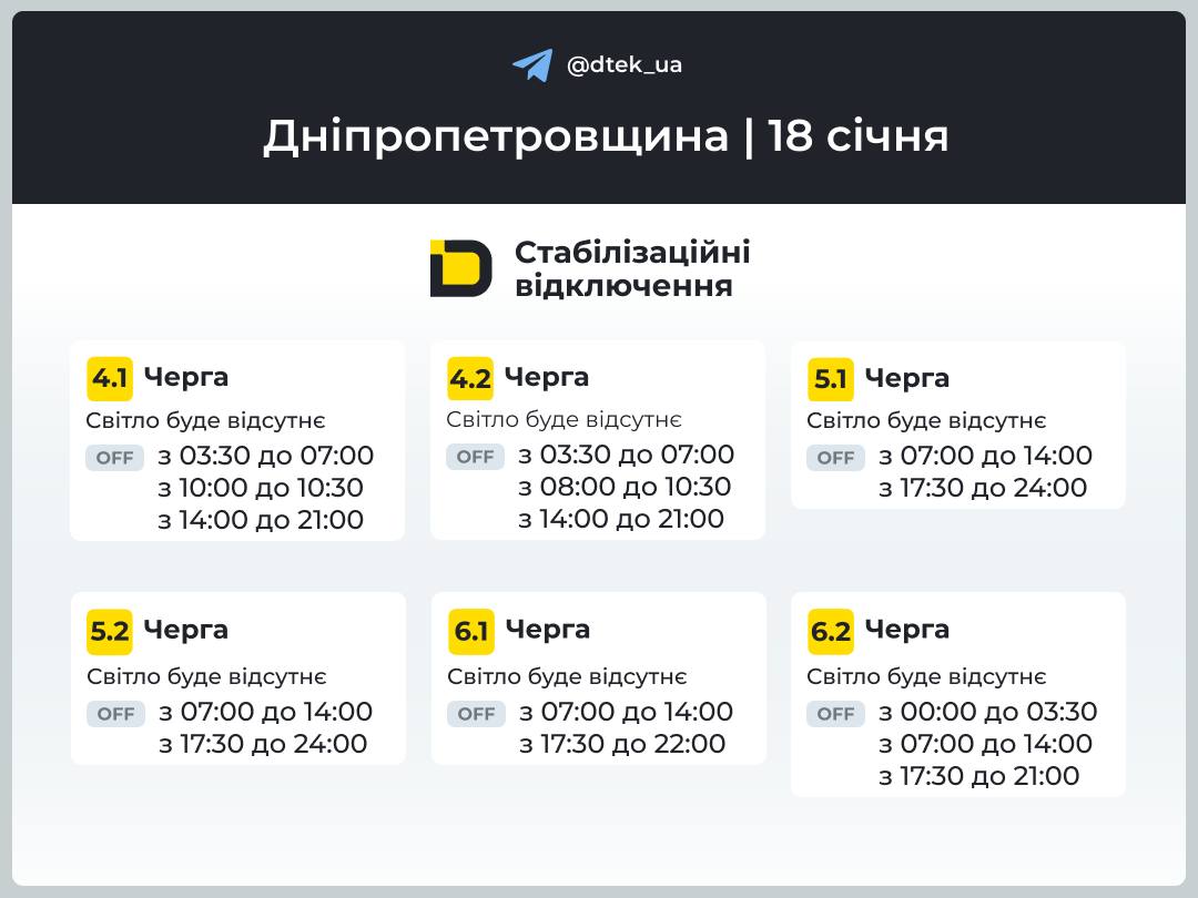 Графіки погодинних відключень електроенергії в Кам’янському 18 січня - ФОТО