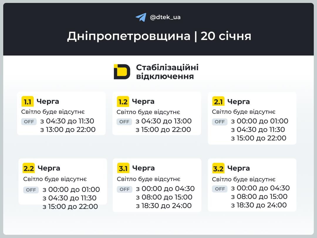 Графіки погодинних відключень електроенергії в Кам’янському 20 січня - ФОТО