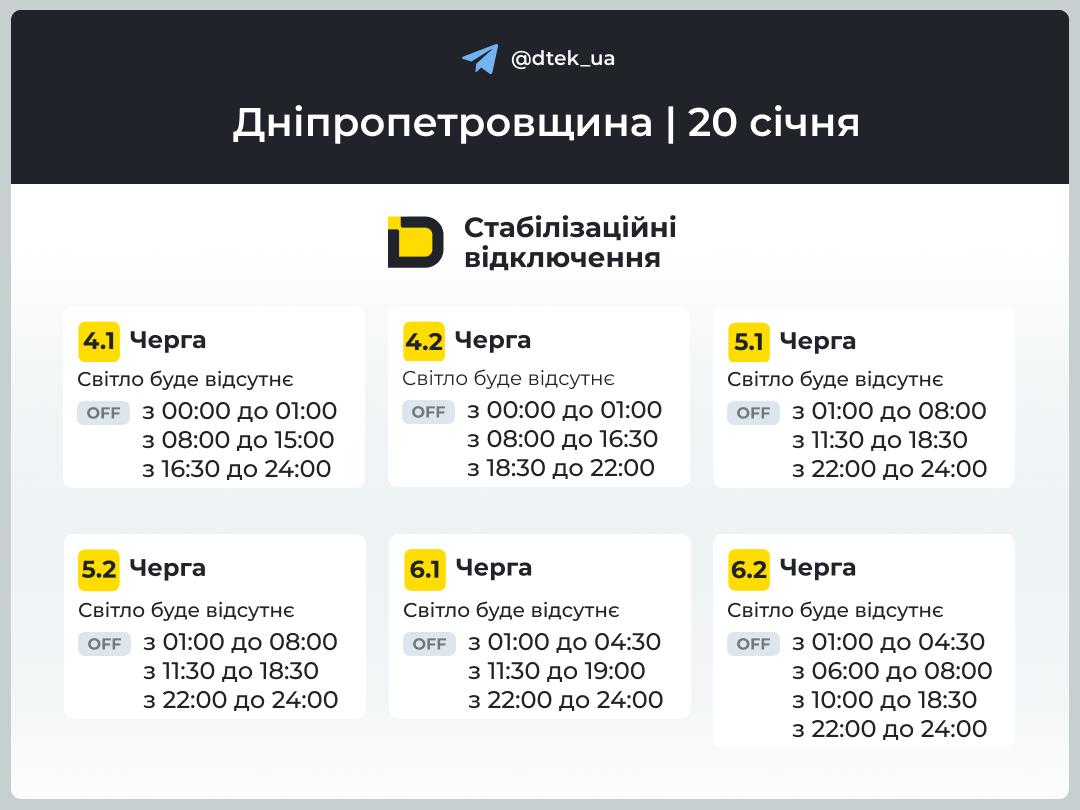 Графіки погодинних відключень електроенергії в Кам’янському 20 січня - ФОТО