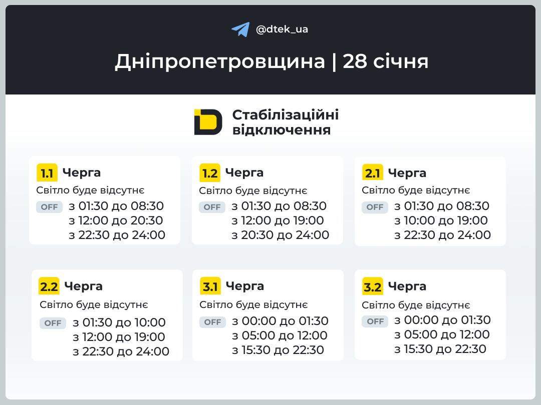 Графіки погодинних відключень електроенергії в Кам’янському 28 січня - ФОТО