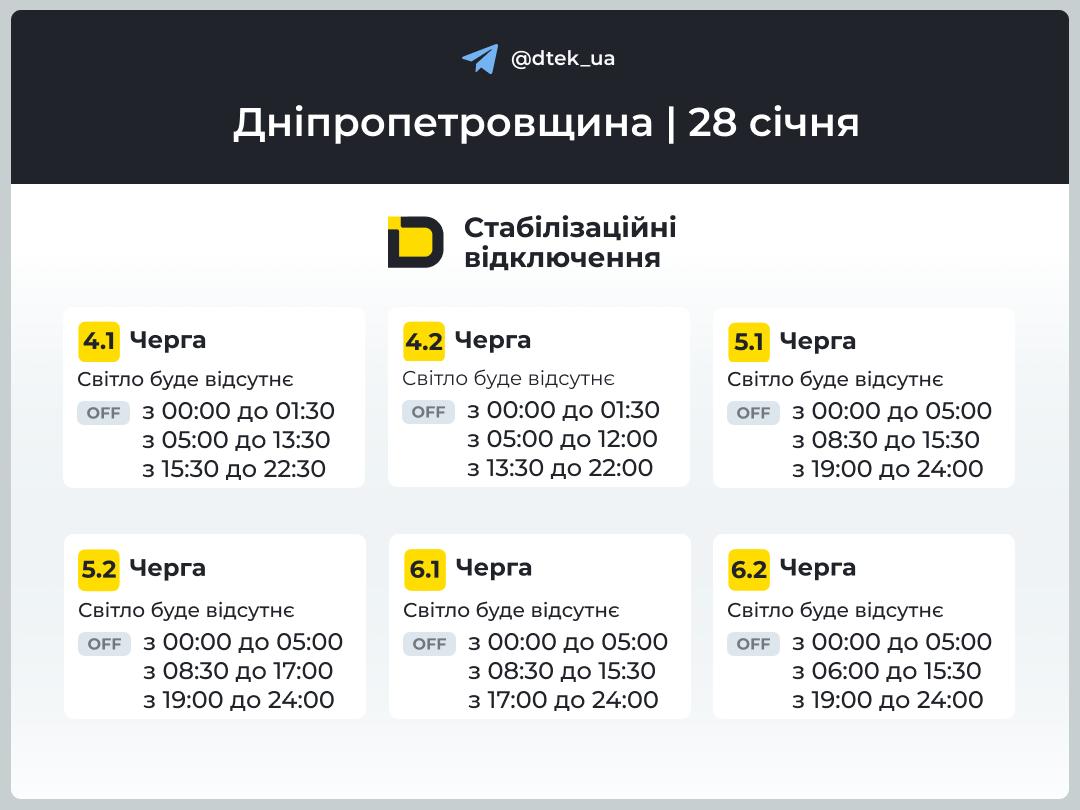 Графіки погодинних відключень електроенергії в Кам’янському 28 січня - ФОТО