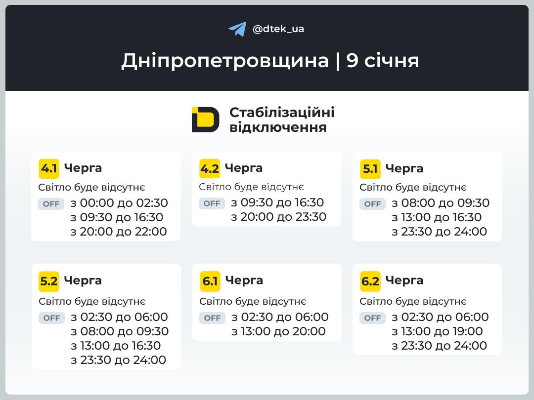 Графіки погодинних відключень електроенергії в Кам’янському 9 січня - ФОТО