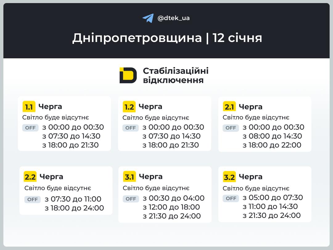 Графіки погодинних відключень електроенергії в Кам’янському 12 січня - ФОТО