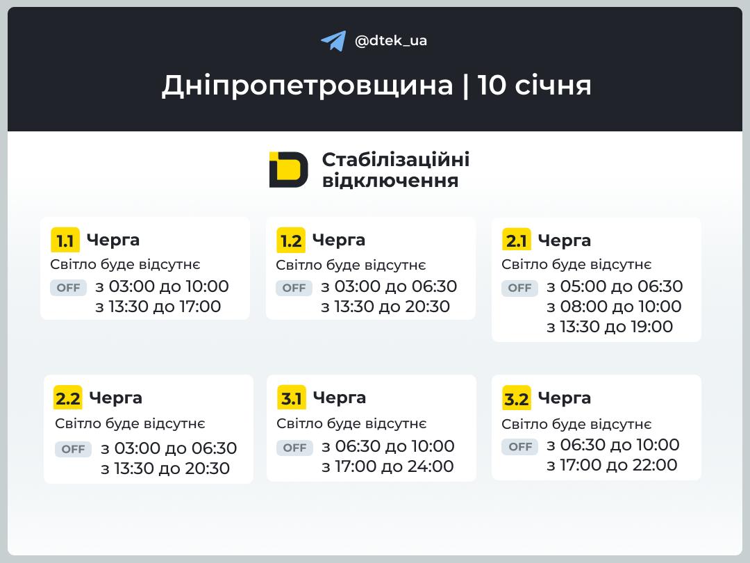 Графіки погодинних відключень електроенергії в Кам’янському 10 січня - ФОТО