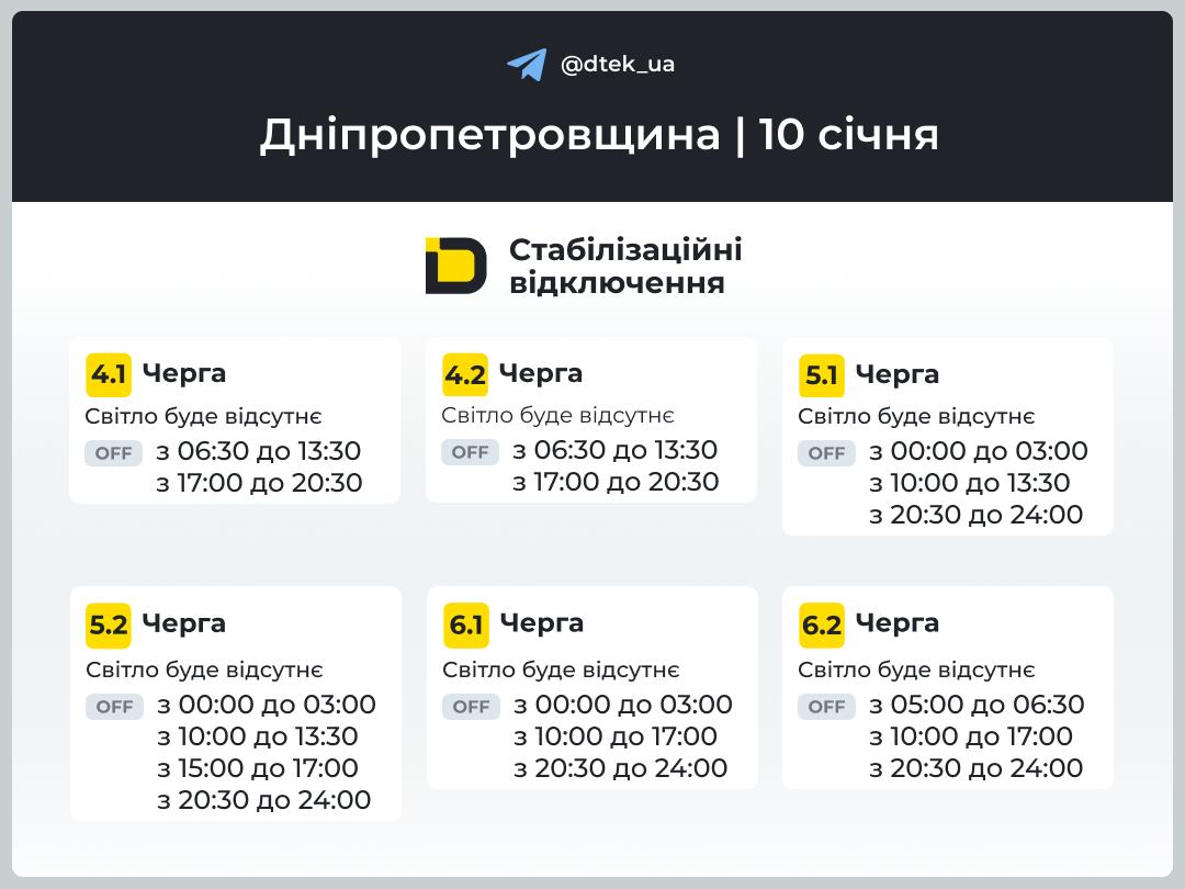 Графіки погодинних відключень електроенергії в Кам’янському 10 січня - ФОТО