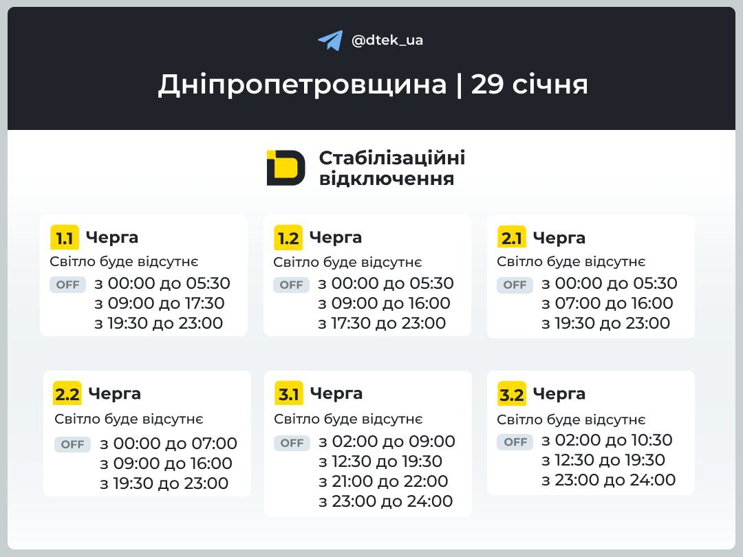 Графіки погодинних відключень електроенергії в Кам’янському 29 січня - ФОТО