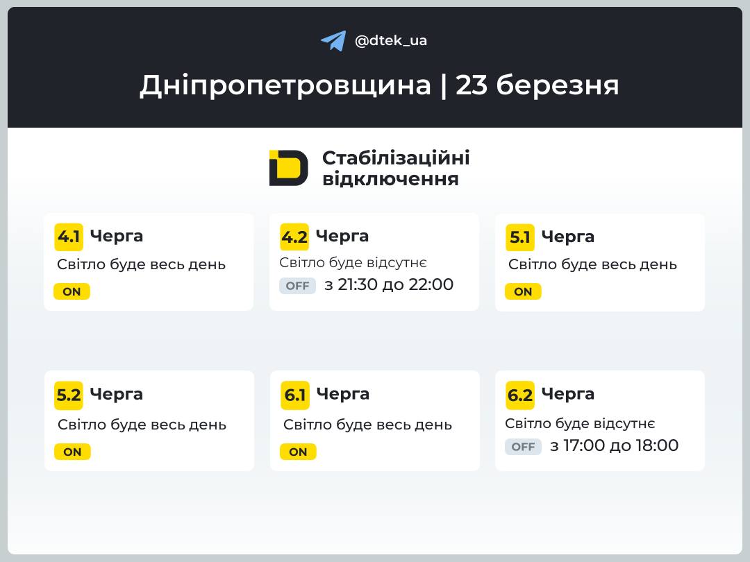 Графіки погодинних відключень електроенергії в Кам’янському 23 березня - ФОТО