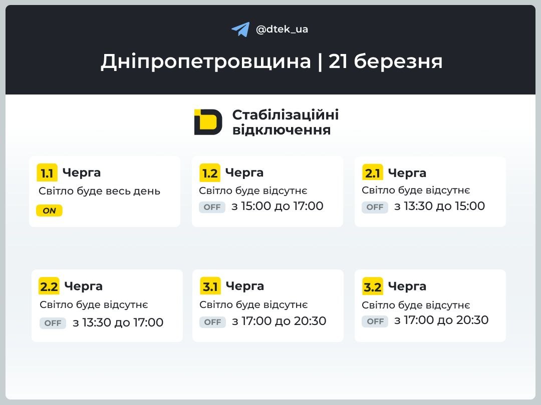 Графіки погодинних відключень електроенергії в Кам’янському 21 березня - ФОТО