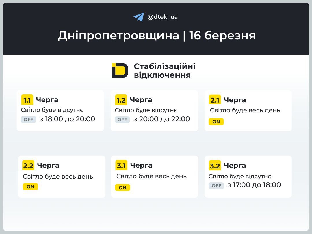 Графіки погодинних відключень електроенергії в Кам’янському 16 березня - ФОТО