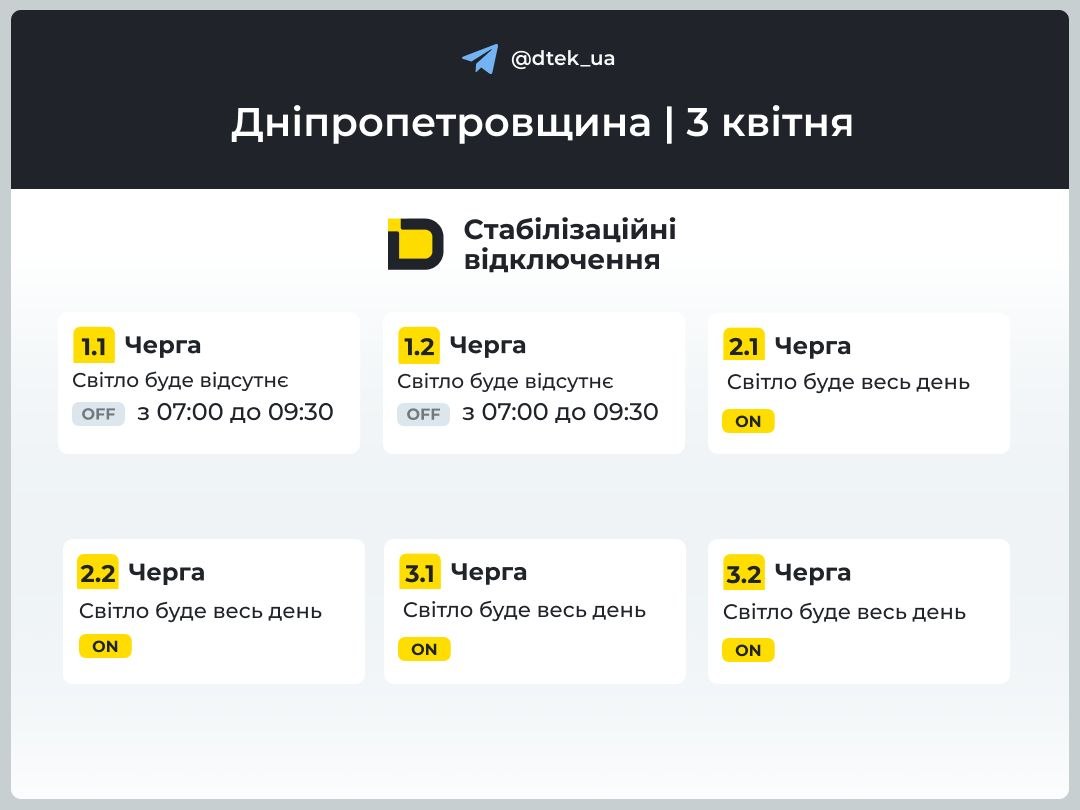Графіки відключень світла в Кам'янському 3 квітня - ФОТО