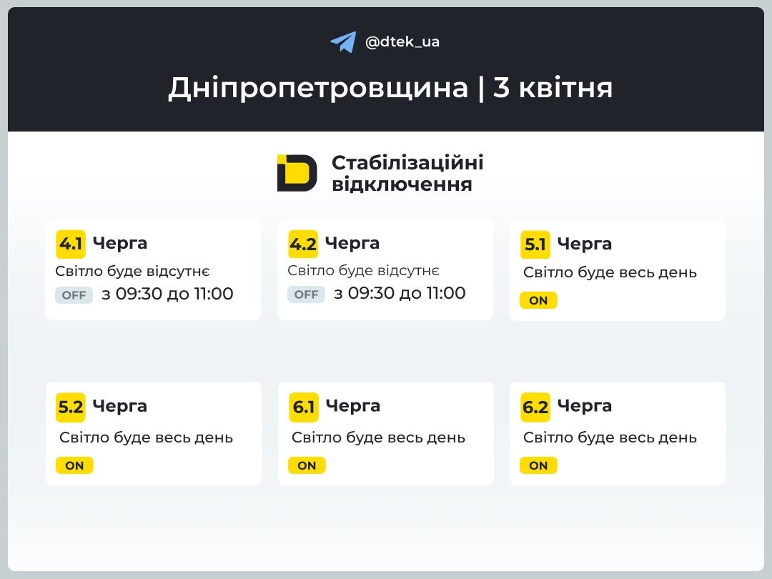 Графіки відключень світла в Кам'янському 3 квітня - ФОТО
